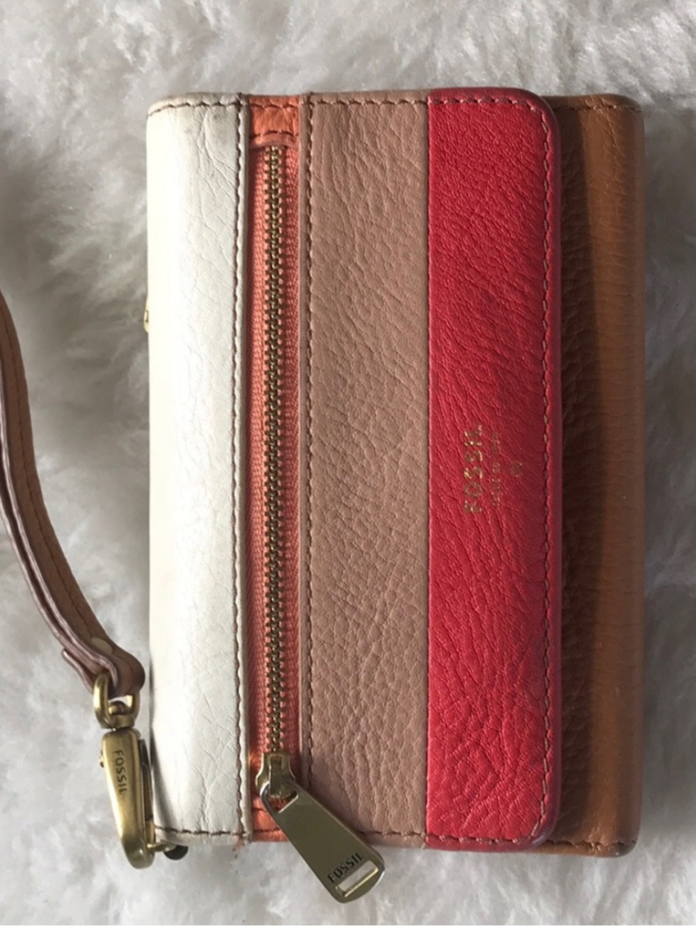 Fossil Colorblock trifold Leather Wristlet Wallet - Red, Cream & Tan